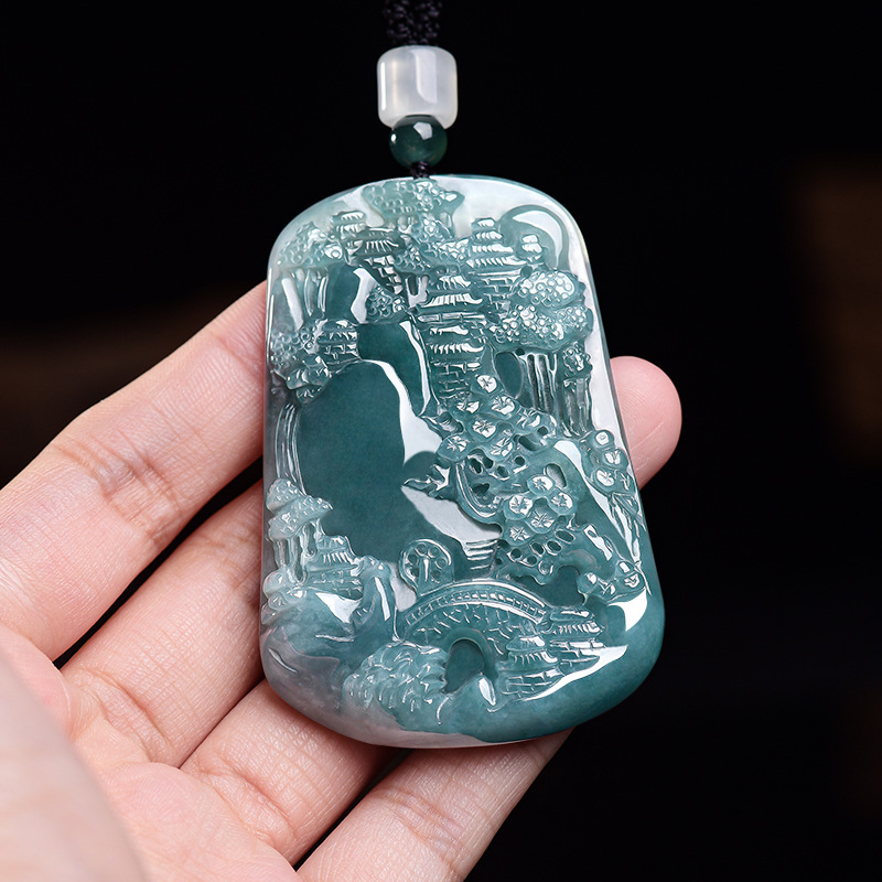 Usa Vintage Fashion - Natural Burmese Jadeite Scenery Pendant Necklace