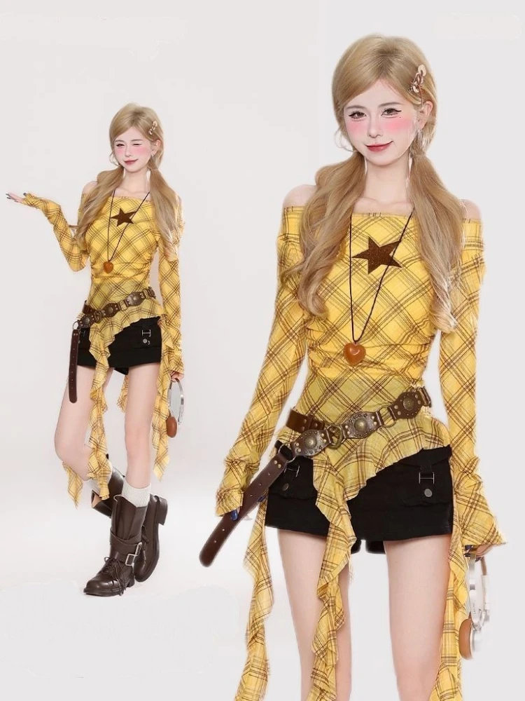 Y2K Plaid Slash Neck Vintage T - đánh giá và giá Usa Vintage Fashion